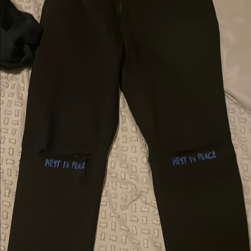 Black Jeans with 'Rest in Peace' Embroidery